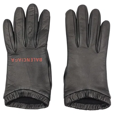 Pre-owned Balenciaga Black Leather Logo Gloves