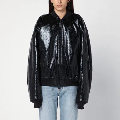 BALENCIAGA BALENCIAGA BLACK LEATHER OSTRICH-EFFECT BOMBER JACKET