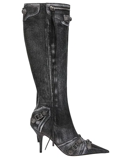 BALENCIAGA BLACK LEATHER POINTED BOOTS WITH STUDS AND SILVER BUCKLES