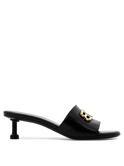 Balenciaga Black Leather Sandals With Gold Bb Logo For Women