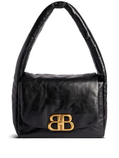 Balenciaga Black Leather Shoulder Handbag With Magnetic Fastening And B Logo Plaque