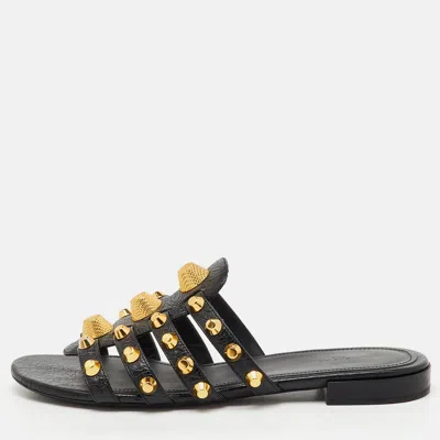Pre-owned Balenciaga Black Leather Studded Arena Flat Slide Sandals Size 39