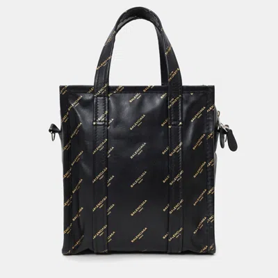 Pre-owned Balenciaga Black Leather/gold Logo 'bazar' Xs Shopper Tote With Strap