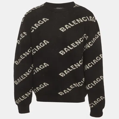 Pre-owned Balenciaga Black Logo All Over Wool Knit Sweater Xl