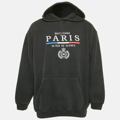 Pre-owned Balenciaga Black Logo Embroidered Cotton Knit Hoodie L