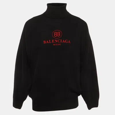 Pre-owned Balenciaga Black Logo Embroidered Wool And Cashmere Knit Sweater M