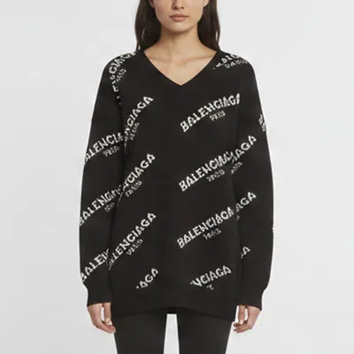 Pre-owned Balenciaga Black Logo Intarsia Knit Oversized Sweater M