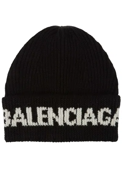Balenciaga Black Logo-intarsia Wool-blend Beanie