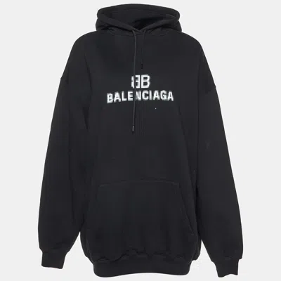 Pre-owned Balenciaga Black Logo Print Cotton Hooded Sweatshirt Xs
