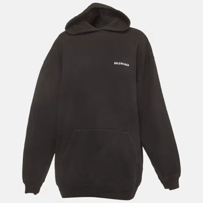 Pre-owned Balenciaga Black Logo Print Cotton Knit Hooded Sweatshirt M
