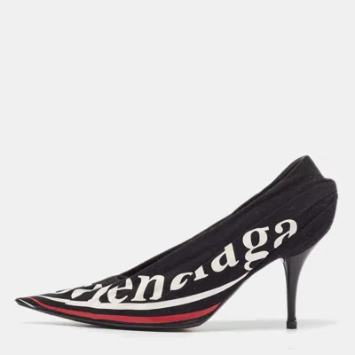 Pre-owned Balenciaga Black Logo Print Fabric Knife Pumps Size 38