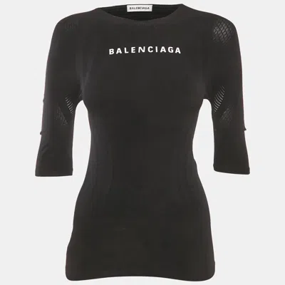 Pre-owned Balenciaga Black Logo Print Mesh Trim Jersey Fitted Top S