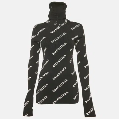 Pre-owned Balenciaga Black Logo Print Rib Knit Turtleneck Sweater M