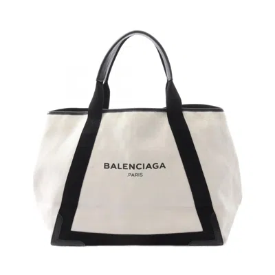 Pre-owned Balenciaga Black Navy White Canvas Leather Tote Bag ()
