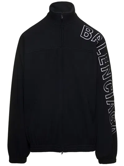 BALENCIAGA BLACK OVERSIZED JACKET WITH TURTLENECK AND CONTRASTING LETTERING IN BRUSHED FLEECE MAN