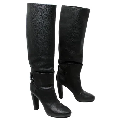 Pre-owned Balenciaga Black Pebbled Leather Knee-high Heeled Boots With Buckle Details