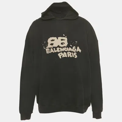 Pre-owned Balenciaga Black Printed Cotton Distressed Hoodie M