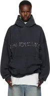 Balenciaga Black Safety Pin Logo Hoodie In 1041 Faded Washed Bl