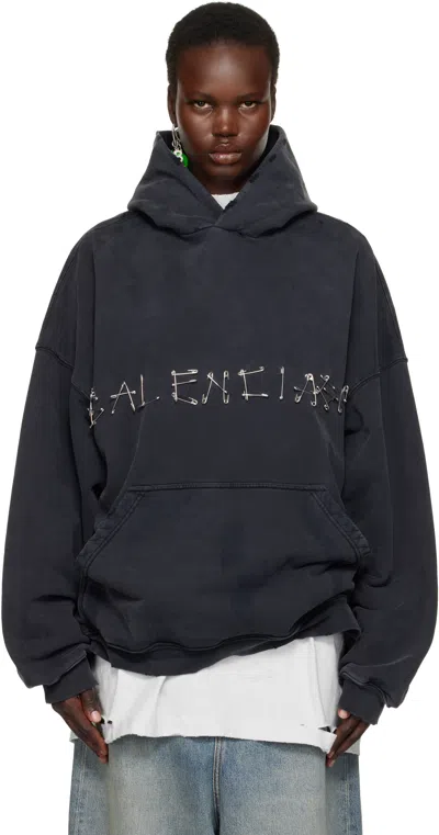 Balenciaga Black Safety Pin Logo Hoodie In 1041 Faded Washed Bl