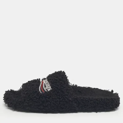 Pre-owned Balenciaga Black Shearing Logo Flat Slides Size 37
