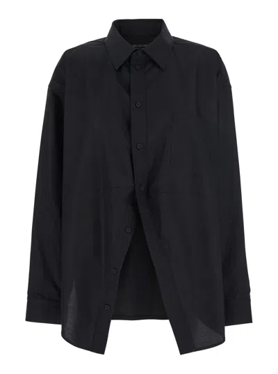 BALENCIAGA BLACK SHIRT WITH POINTED COLLAR AND FRONT SLIT IN COTTON WOMAN