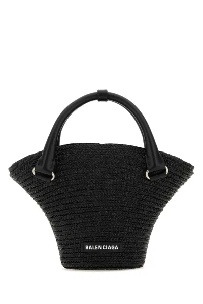 Balenciaga Black Straw Mini Beach Handbag In 1060