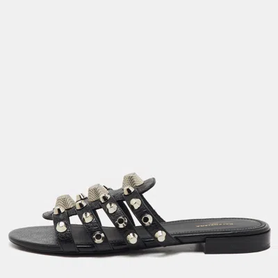 Pre-owned Balenciaga Black Studded Leather Arena Strappy Flat Slides Size 36.5