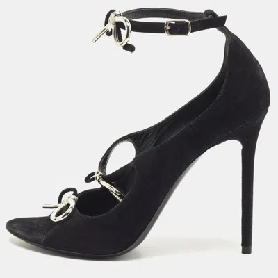 Pre-owned Balenciaga Black Suede Boucle Bow Open Toe Pumps Size 38.5