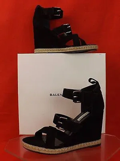 Pre-owned Balenciaga Black Suede Buckle Ankle Strap Espadrille Wedge Sandals 40 $620