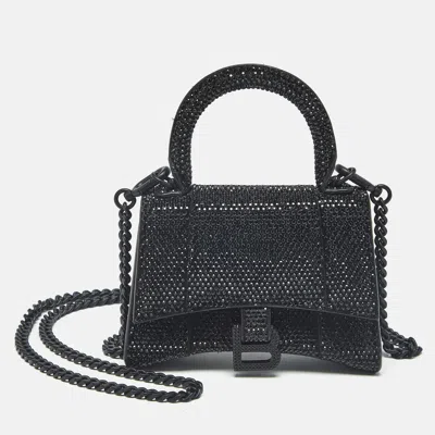 Pre-owned Balenciaga Black Suede Crystals Embellished Nano Hourglass Top Handle Bag