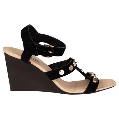 Pre-owned Balenciaga Black Suede Studded Wedge Sandals Shoes 41