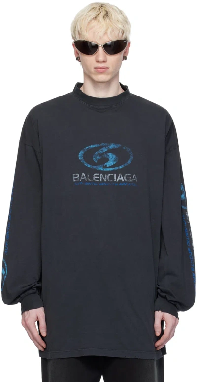 Balenciaga Black Surfer Long Sleeve T-shirt In 1412 Faded Black/blu