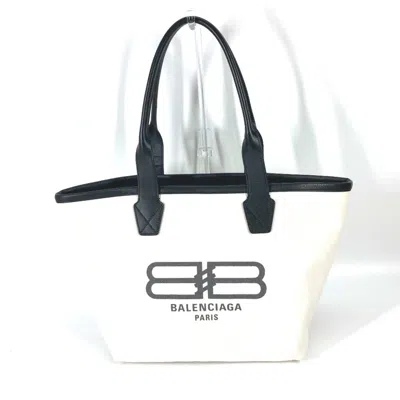 Pre-owned Balenciaga Black White Canvas Leather Shoulder Bag Tote Bag () In Multi