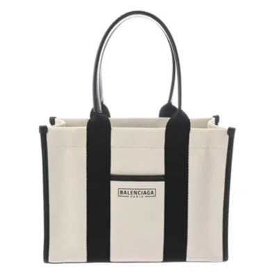 Pre-owned Balenciaga Black White Canvas Leather Tote Bag ()
