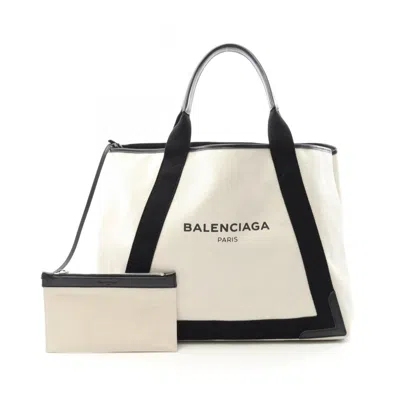 Pre-owned Balenciaga Black White Canvas Leather Tote Bag ()