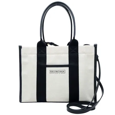 Pre-owned Balenciaga Black White Canvas Leather Tote Bag () In Black, White