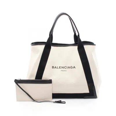 Pre-owned Balenciaga Black White Canvas Leather Tote Bag () In Multi
