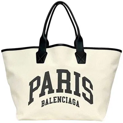 Pre-owned Balenciaga Black White Canvas Leather Tote Bag () In Multi