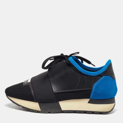 Pre-owned Balenciaga Black/blue Mesh And Leather Race Runner Sneakers Size 35