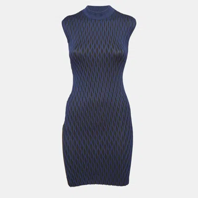 Pre-owned Balenciaga Black/blue Textured Knit Mini Dress S In Navy Blue