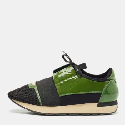 Pre-owned Balenciaga Black/green Patent Leather And Mesh Race Runner Sneakers Size 41