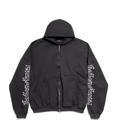 Balenciaga Blackletter Script Pulled Zip-up Hoodie Large Fit In Black Faded