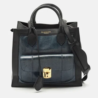 Pre-owned Balenciaga Black/navy Blue Leather And Lizard Padlock All Afternoon Tote