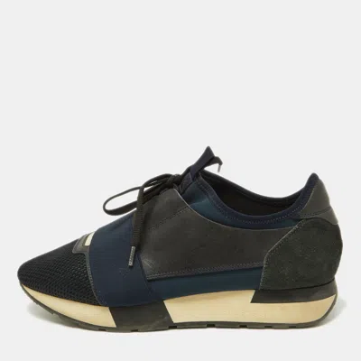 Pre-owned Balenciaga Black/navy Blue Leather Mesh And Suede Race Runner Sneakers Size 39