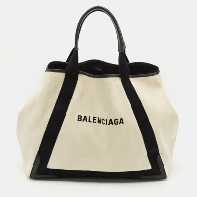 Pre-owned Balenciaga Black/off White Canvas And Leather Large Cabas Tote