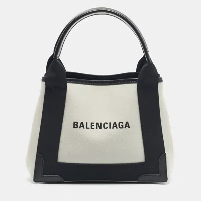 Pre-owned Balenciaga Black/off White Canvas And Leather Xs Cabas Tote