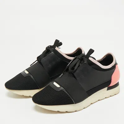 Pre-owned Balenciaga Black/pink Leather And Mesh Race Runner Low Top Sneakers Size 38