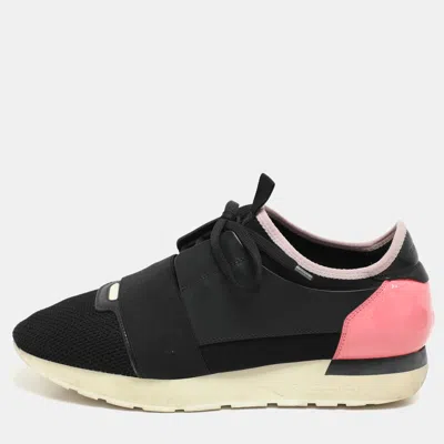 Pre-owned Balenciaga Black/pink Leather And Mesh Race Runner Low Top Sneakers Size 40