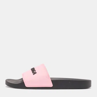 Pre-owned Balenciaga Black/pink Logo Rubber Pool Slides Size 40