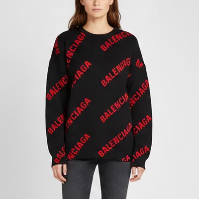 Pre-owned Balenciaga Black/red All Over Logo Intarsia Knit Crewneck Sweater Xl